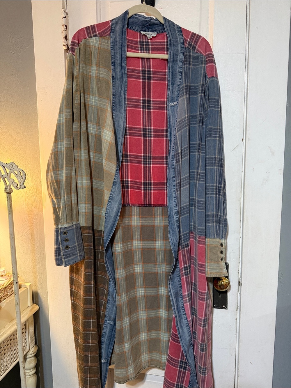 Velvet Multicolor Patchwork Plaid Longline Trench